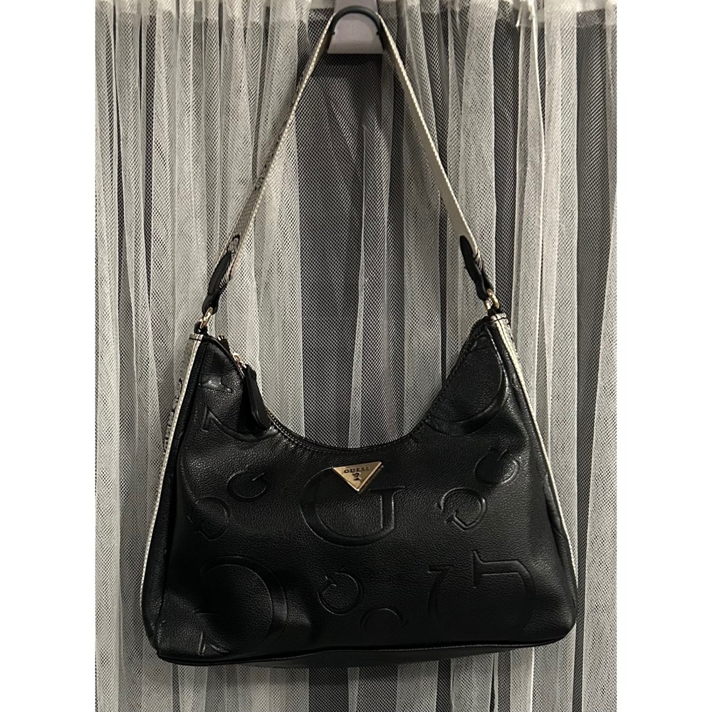 Guess Black Embossed Logo Hobo Bag Gold Hardware Woven Logo 
Strap GM8